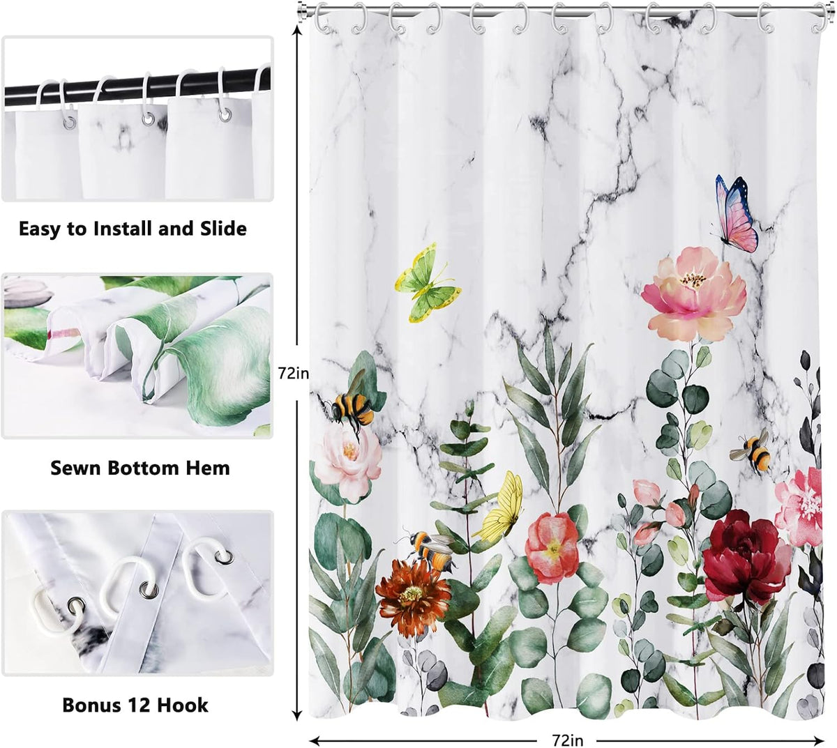Shower Curtain Blue Eucalyptus Shower Curtains for Bathroom, Watercolor Leaf Shower Curtain Sets Waterproof Plant Shower Curtain Leaves Fabric Cloth Bathroom Curtains 72x72 inch with Hooks