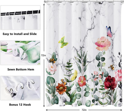 Shower Curtain Blue Eucalyptus Shower Curtains for Bathroom, Watercolor Leaf Shower Curtain Sets Waterproof Plant Shower Curtain Leaves Fabric Cloth Bathroom Curtains 72x72 inch with Hooks