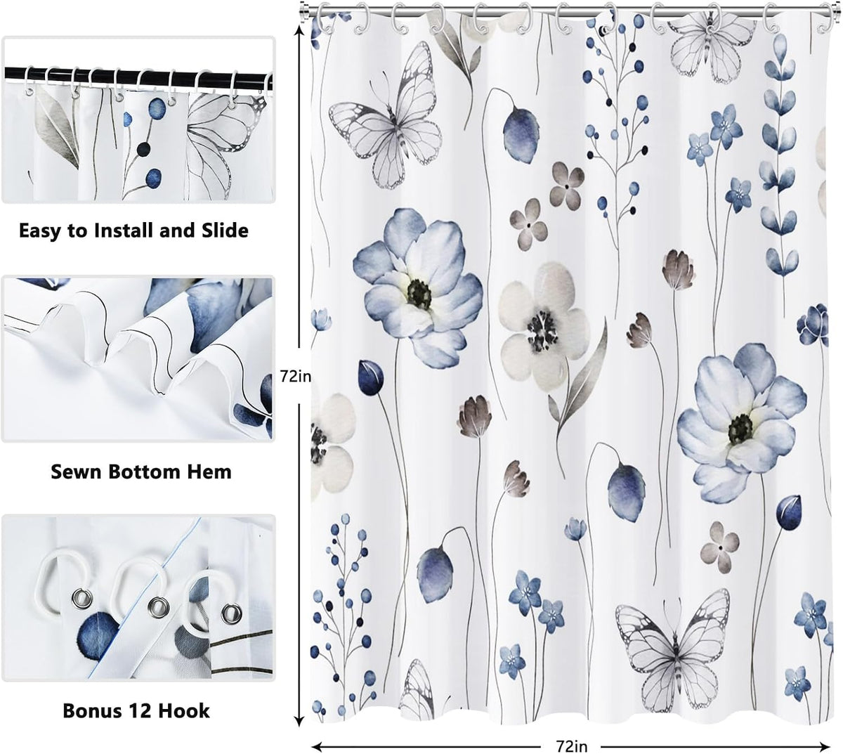 Shower Curtain Blue Eucalyptus Shower Curtains for Bathroom, Watercolor Leaf Shower Curtain Sets Waterproof Plant Shower Curtain Leaves Fabric Cloth Bathroom Curtains 72x72 inch with Hooks