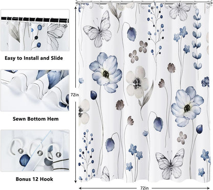 Shower Curtain Blue Eucalyptus Shower Curtains for Bathroom, Watercolor Leaf Shower Curtain Sets Waterproof Plant Shower Curtain Leaves Fabric Cloth Bathroom Curtains 72x72 inch with Hooks