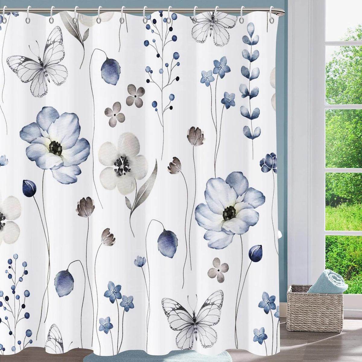 Shower Curtain Blue Eucalyptus Shower Curtains for Bathroom, Watercolor Leaf Shower Curtain Sets Waterproof Plant Shower Curtain Leaves Fabric Cloth Bathroom Curtains 72x72 inch with Hooks