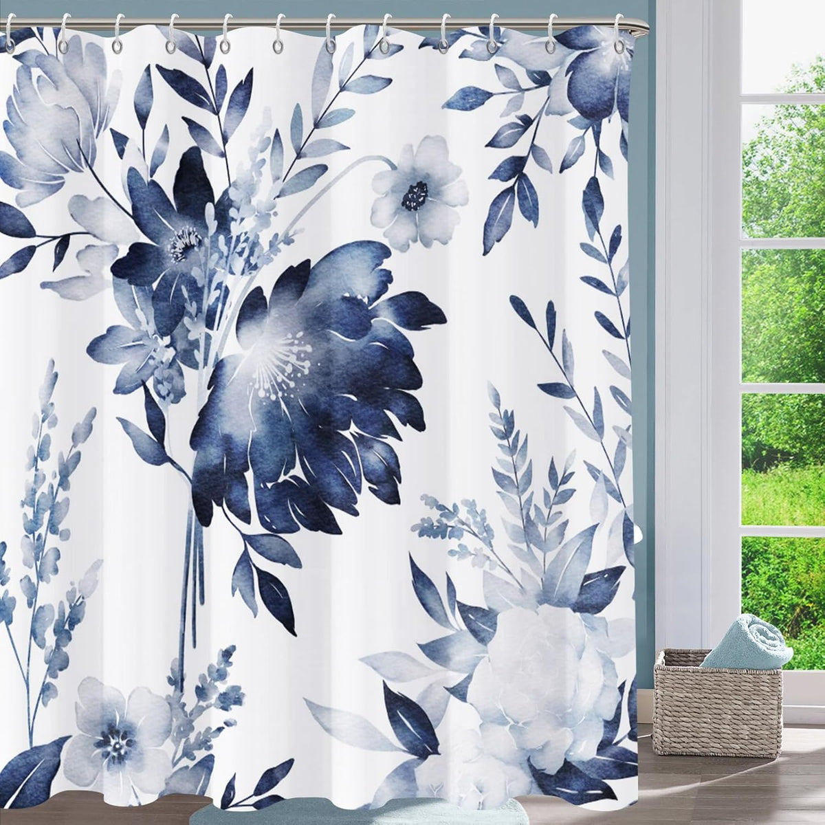 Shower Curtain Blue Eucalyptus Shower Curtains for Bathroom, Watercolor Leaf Shower Curtain Sets Waterproof Plant Shower Curtain Leaves Fabric Cloth Bathroom Curtains 72x72 inch with Hooks