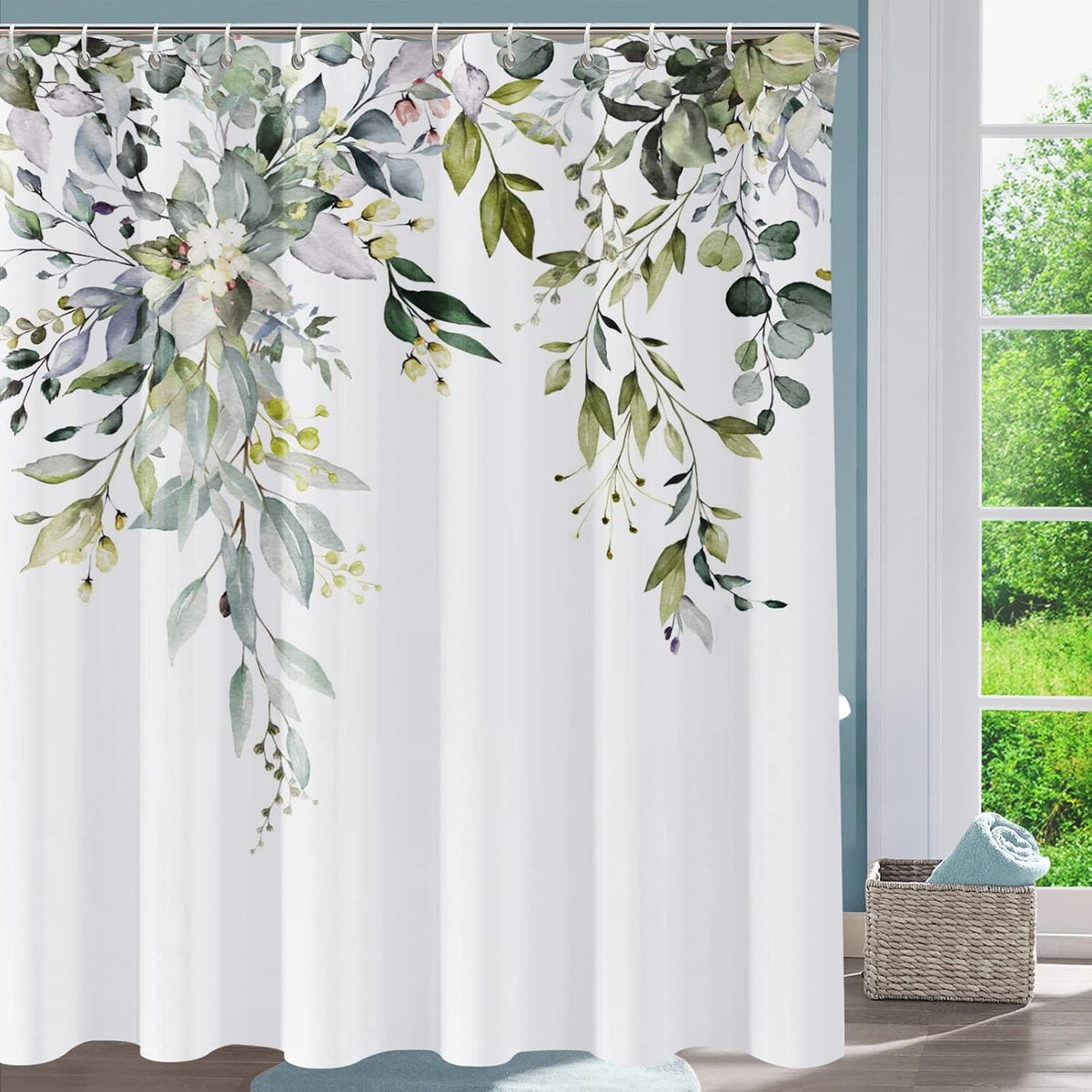 Shower Curtain Blue Eucalyptus Shower Curtains for Bathroom, Watercolor Leaf Shower Curtain Sets Waterproof Plant Shower Curtain Leaves Fabric Cloth Bathroom Curtains 72x72 inch with Hooks