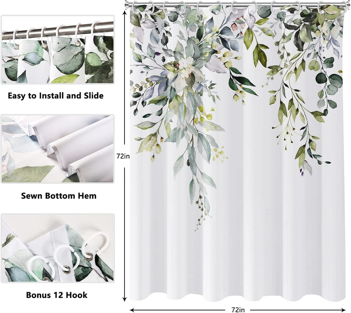 Shower Curtain Blue Eucalyptus Shower Curtains for Bathroom, Watercolor Leaf Shower Curtain Sets Waterproof Plant Shower Curtain Leaves Fabric Cloth Bathroom Curtains 72x72 inch with Hooks