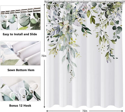 Shower Curtain Blue Eucalyptus Shower Curtains for Bathroom, Watercolor Leaf Shower Curtain Sets Waterproof Plant Shower Curtain Leaves Fabric Cloth Bathroom Curtains 72x72 inch with Hooks