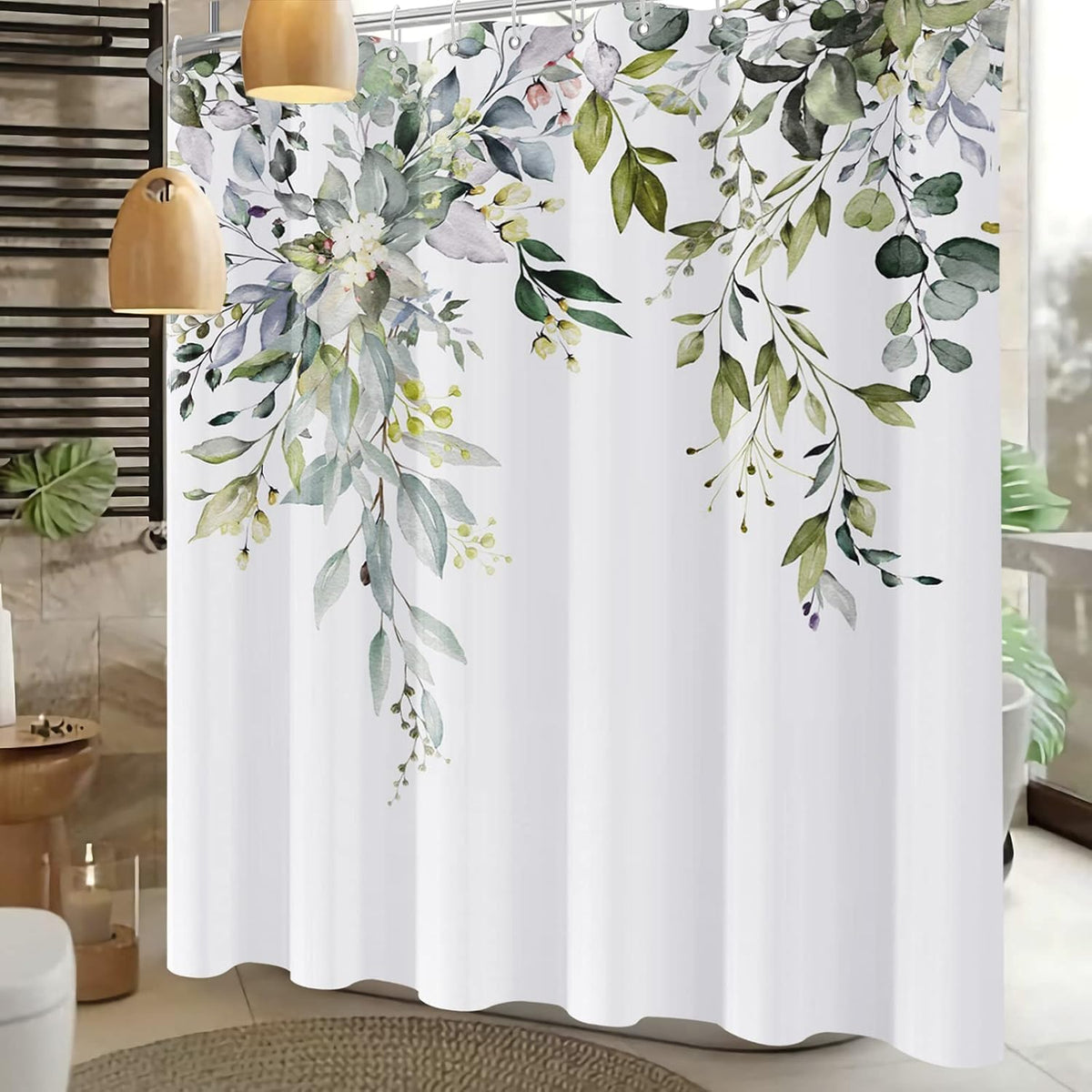Shower Curtain Blue Eucalyptus Shower Curtains for Bathroom, Watercolor Leaf Shower Curtain Sets Waterproof Plant Shower Curtain Leaves Fabric Cloth Bathroom Curtains 72x72 inch with Hooks