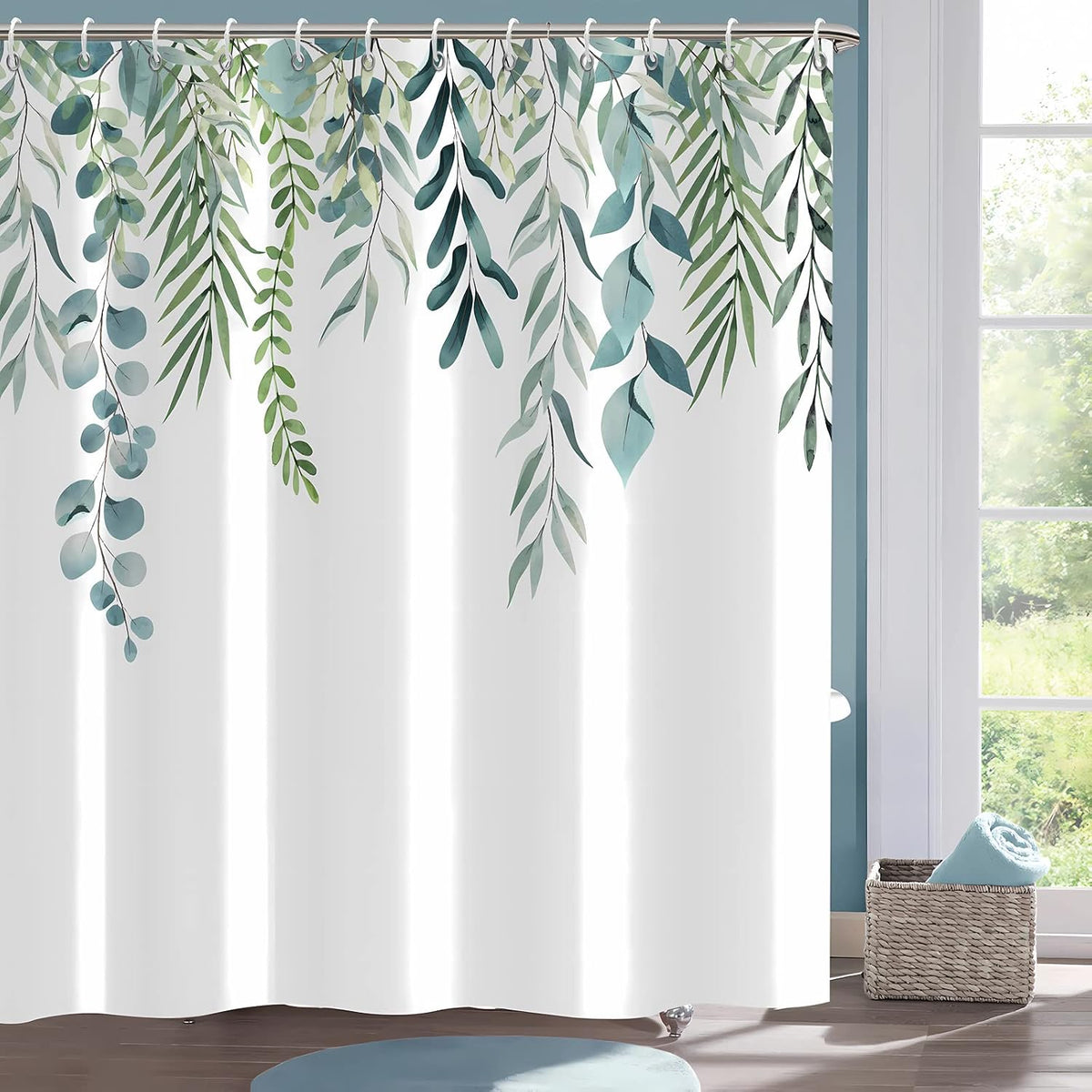 Shower Curtain Blue Eucalyptus Shower Curtains for Bathroom, Watercolor Leaf Shower Curtain Sets Waterproof Plant Shower Curtain Leaves Fabric Cloth Bathroom Curtains 72x72 inch with Hooks
