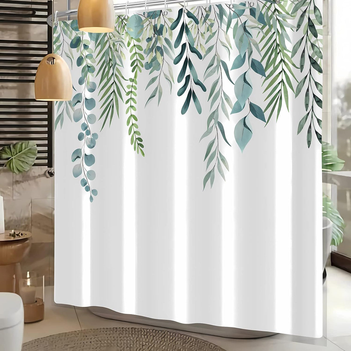 Shower Curtain Blue Eucalyptus Shower Curtains for Bathroom, Watercolor Leaf Shower Curtain Sets Waterproof Plant Shower Curtain Leaves Fabric Cloth Bathroom Curtains 72x72 inch with Hooks