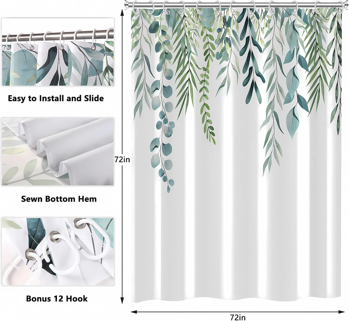 Shower Curtain Blue Eucalyptus Shower Curtains for Bathroom, Watercolor Leaf Shower Curtain Sets Waterproof Plant Shower Curtain Leaves Fabric Cloth Bathroom Curtains 72x72 inch with Hooks