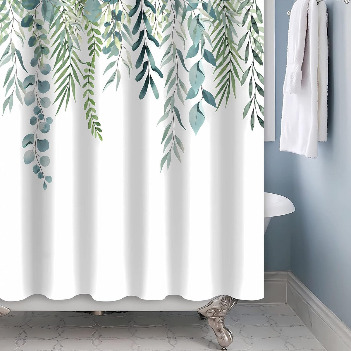 Shower Curtain Blue Eucalyptus Shower Curtains for Bathroom, Watercolor Leaf Shower Curtain Sets Waterproof Plant Shower Curtain Leaves Fabric Cloth Bathroom Curtains 72x72 inch with Hooks