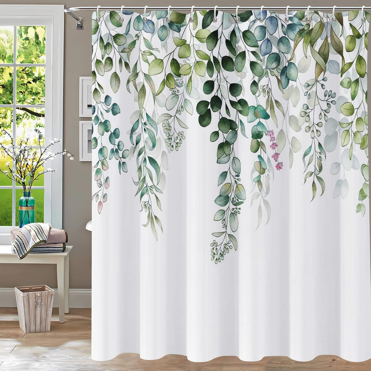 Shower Curtain Blue Eucalyptus Shower Curtains for Bathroom, Watercolor Leaf Shower Curtain Sets Waterproof Plant Shower Curtain Leaves Fabric Cloth Bathroom Curtains 72x72 inch with Hooks