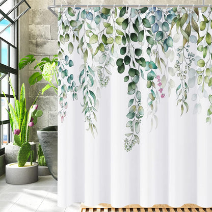 Shower Curtain Blue Eucalyptus Shower Curtains for Bathroom, Watercolor Leaf Shower Curtain Sets Waterproof Plant Shower Curtain Leaves Fabric Cloth Bathroom Curtains 72x72 inch with Hooks