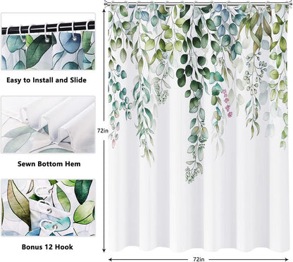 Shower Curtain Blue Eucalyptus Shower Curtains for Bathroom, Watercolor Leaf Shower Curtain Sets Waterproof Plant Shower Curtain Leaves Fabric Cloth Bathroom Curtains 72x72 inch with Hooks