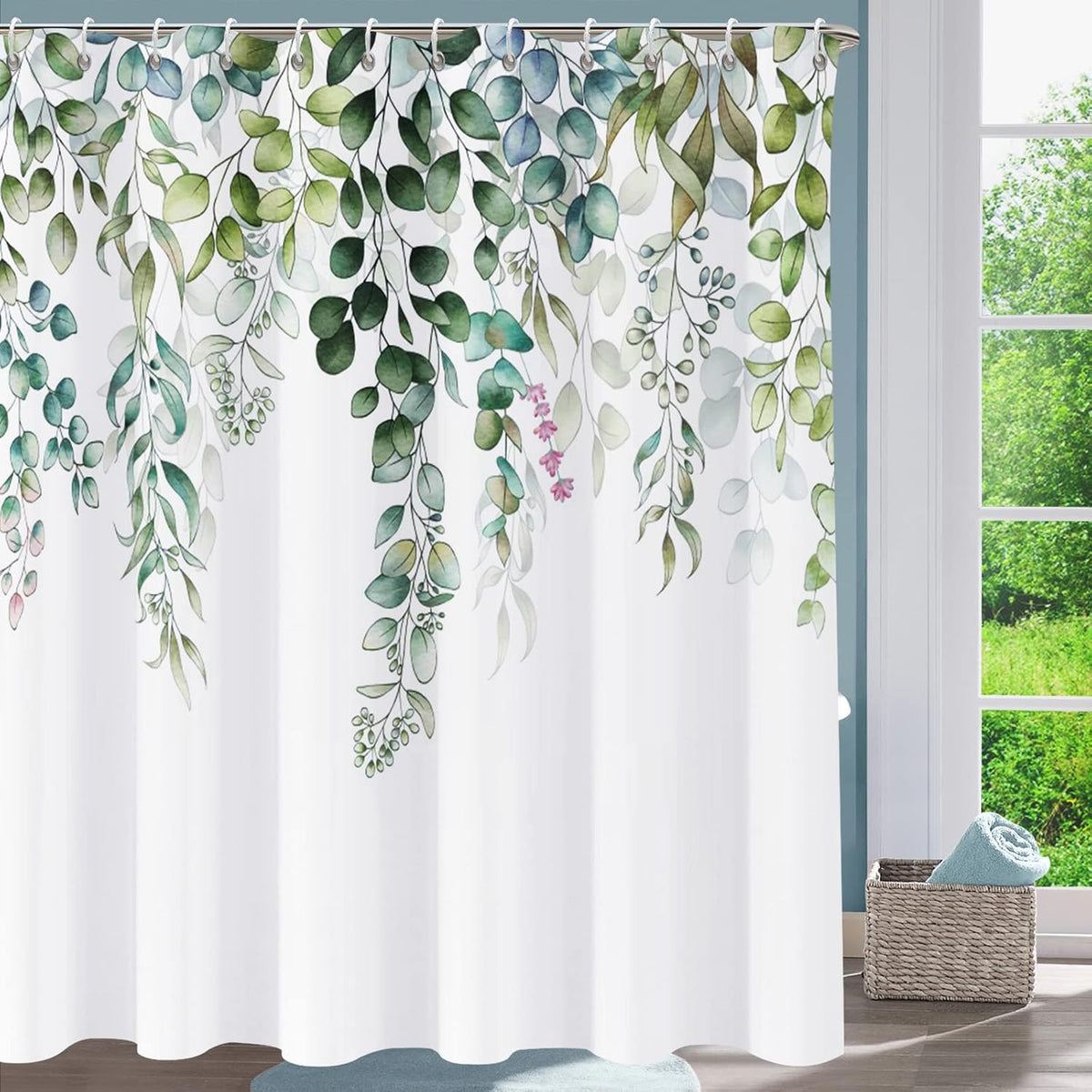 Shower Curtain Blue Eucalyptus Shower Curtains for Bathroom, Watercolor Leaf Shower Curtain Sets Waterproof Plant Shower Curtain Leaves Fabric Cloth Bathroom Curtains 72x72 inch with Hooks