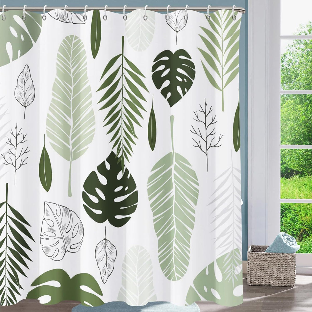 Shower Curtain Blue Eucalyptus Shower Curtains for Bathroom, Watercolor Leaf Shower Curtain Sets Waterproof Plant Shower Curtain Leaves Fabric Cloth Bathroom Curtains 72x72 inch with Hooks