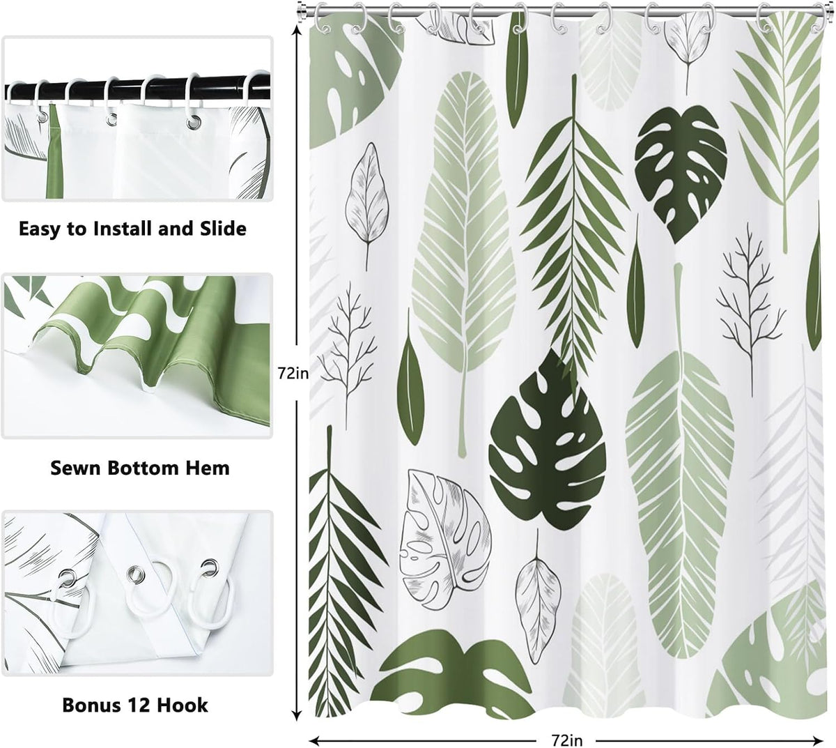 Shower Curtain Blue Eucalyptus Shower Curtains for Bathroom, Watercolor Leaf Shower Curtain Sets Waterproof Plant Shower Curtain Leaves Fabric Cloth Bathroom Curtains 72x72 inch with Hooks