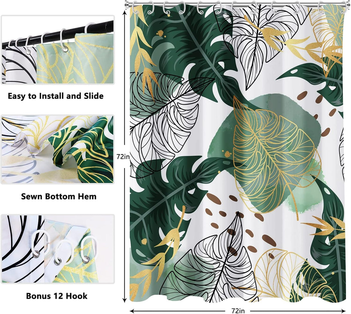 Shower Curtain Blue Eucalyptus Shower Curtains for Bathroom, Watercolor Leaf Shower Curtain Sets Waterproof Plant Shower Curtain Leaves Fabric Cloth Bathroom Curtains 72x72 inch with Hooks