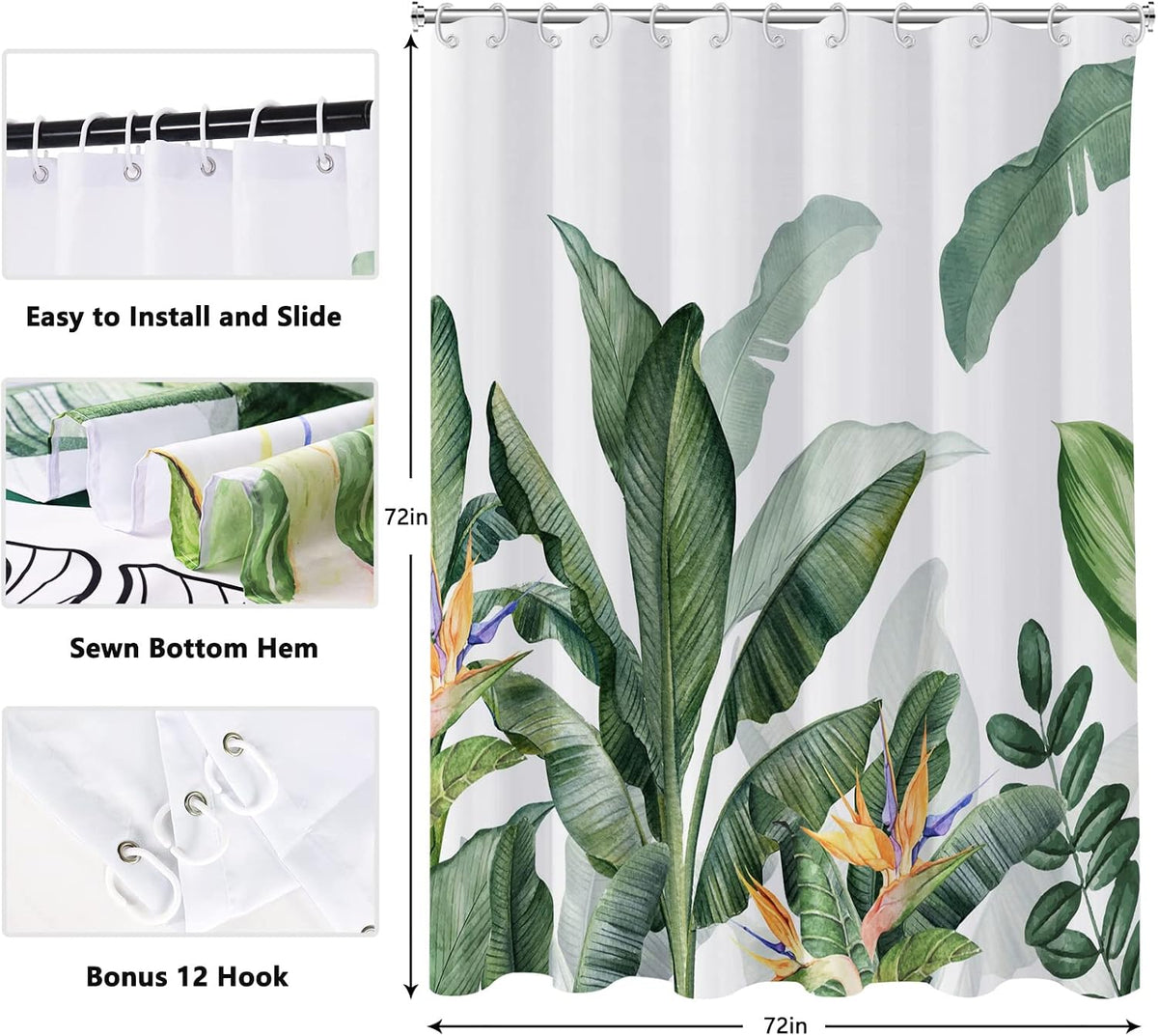 Shower Curtain Blue Eucalyptus Shower Curtains for Bathroom, Watercolor Leaf Shower Curtain Sets Waterproof Plant Shower Curtain Leaves Fabric Cloth Bathroom Curtains 72x72 inch with Hooks