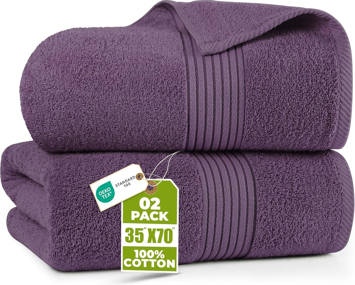 Extra Large Bath Sheets, 2 Pack, 35x70 In, Cotton, Plum | Soft Lightweight Ring Spun Cotton Shower Towel Set - Highly Absorbent, Quick-Drying, Extra Large Bath Sheets, Durable