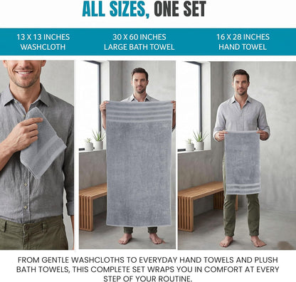 4 Pack XL Bath Towels, 30x60 in, Cotton, Grey | Oversized Premium Ring Spun Cotton Towels - Soft, Lightweight, Highly Absorbent, Fast-Drying, Great for Daily Use