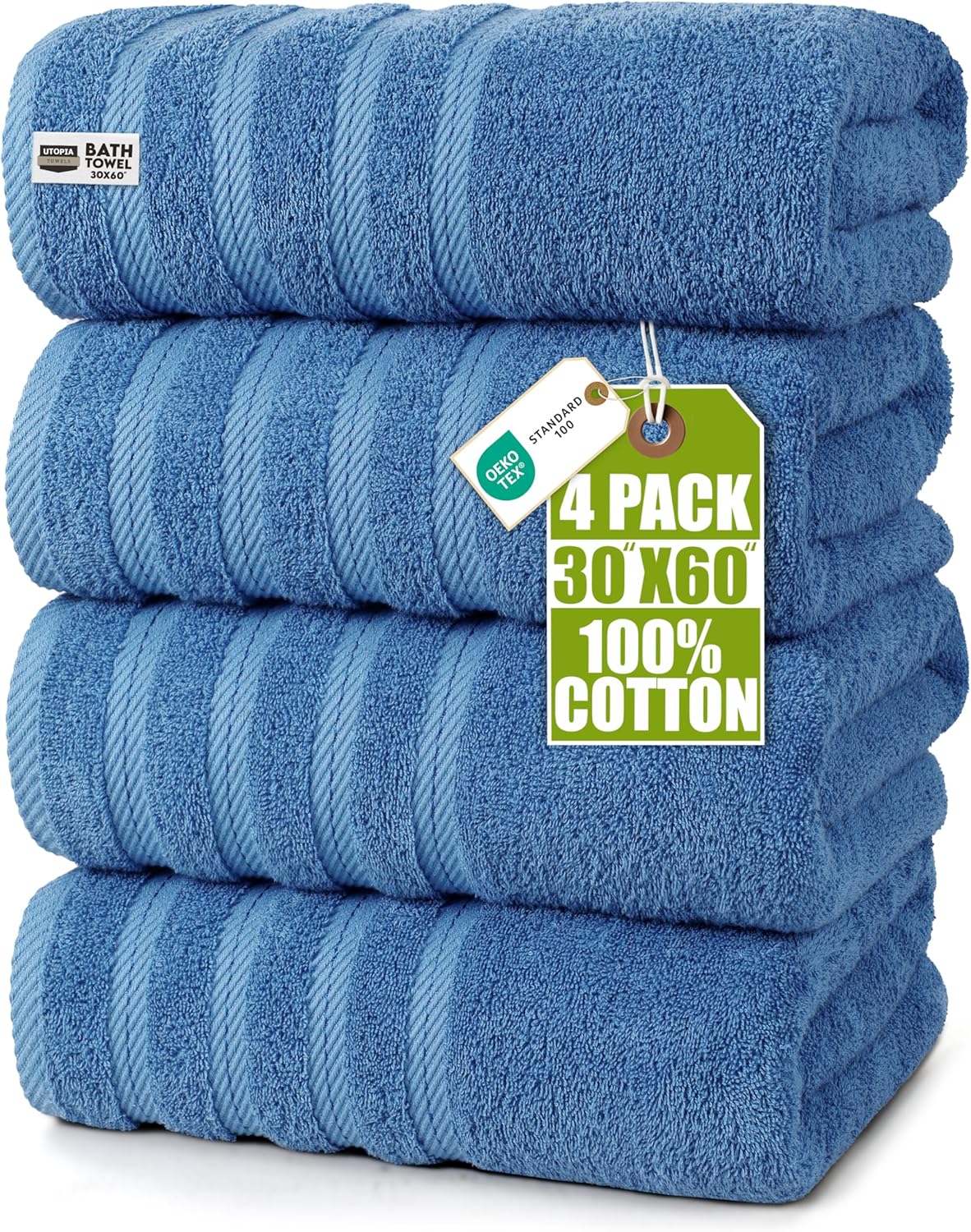 4 Pack XL Bath Towels, 30x60 in, Cotton, Grey | Oversized Premium Ring Spun Cotton Towels - Soft, Lightweight, Highly Absorbent, Fast-Drying, Great for Daily Use