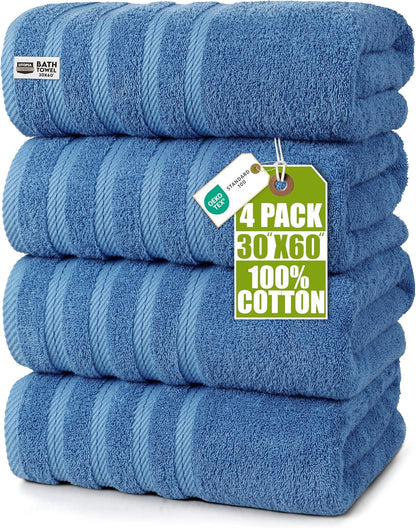 4 Pack XL Bath Towels, 30x60 in, Cotton, Grey | Oversized Premium Ring Spun Cotton Towels - Soft, Lightweight, Highly Absorbent, Fast-Drying, Great for Daily Use