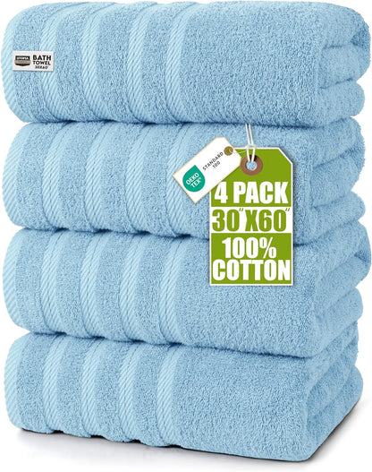 4 Pack XL Bath Towels, 30x60 in, Cotton, Grey | Oversized Premium Ring Spun Cotton Towels - Soft, Lightweight, Highly Absorbent, Fast-Drying, Great for Daily Use