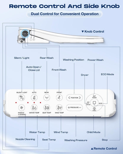 Electric Bidet Toilet Seat With Remote, Auto Open Lid, Elongated