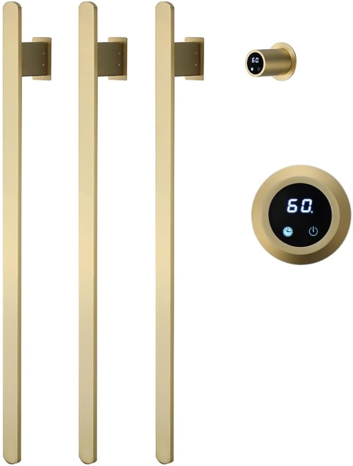 Bathroom Heated Towel Rack, Brushed Gold Towel Warmer, 2Bars, 110V | Smart Touch Control, Wall Mounted, Concealed Hardwired, Stainless Steel, Dry Towels in Modern Bathrooms, Space-Saving Design