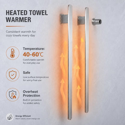 Bathroom Heated Towel Rack, Brushed Gold Towel Warmer, 2Bars, 110V | Smart Touch Control, Wall Mounted, Concealed Hardwired, Stainless Steel, Dry Towels in Modern Bathrooms, Space-Saving Design