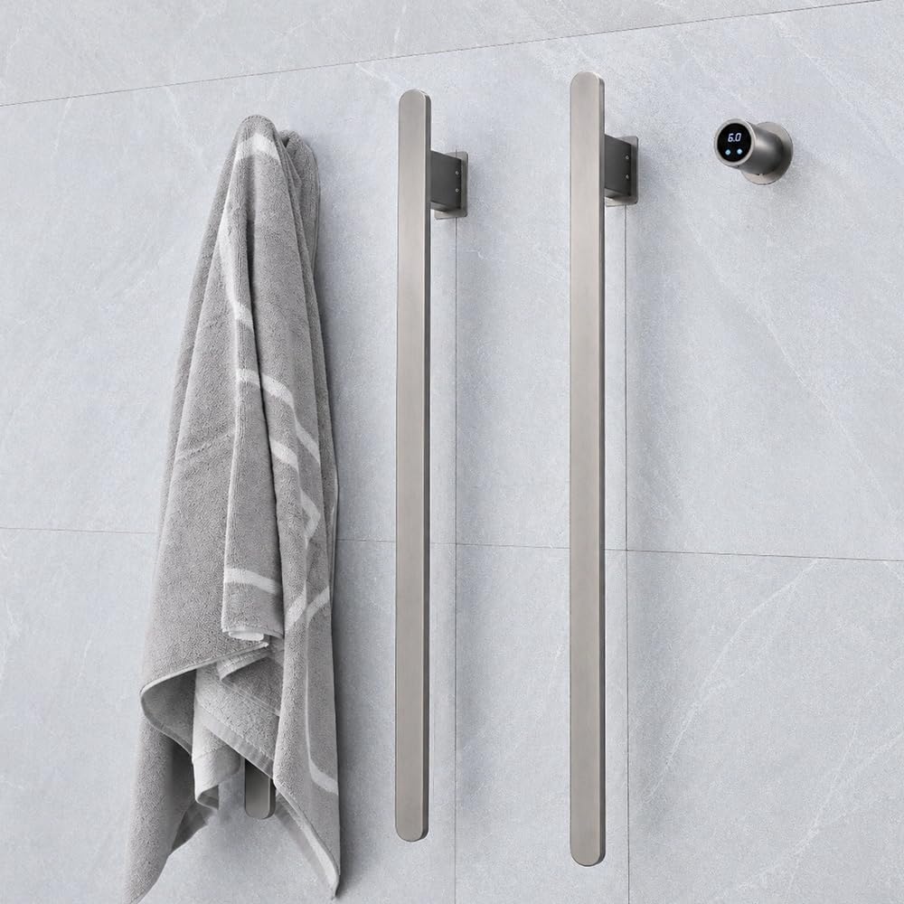 Bathroom Heated Towel Rack, Brushed Gold Towel Warmer, 2Bars, 110V | Smart Touch Control, Wall Mounted, Concealed Hardwired, Stainless Steel, Dry Towels in Modern Bathrooms, Space-Saving Design