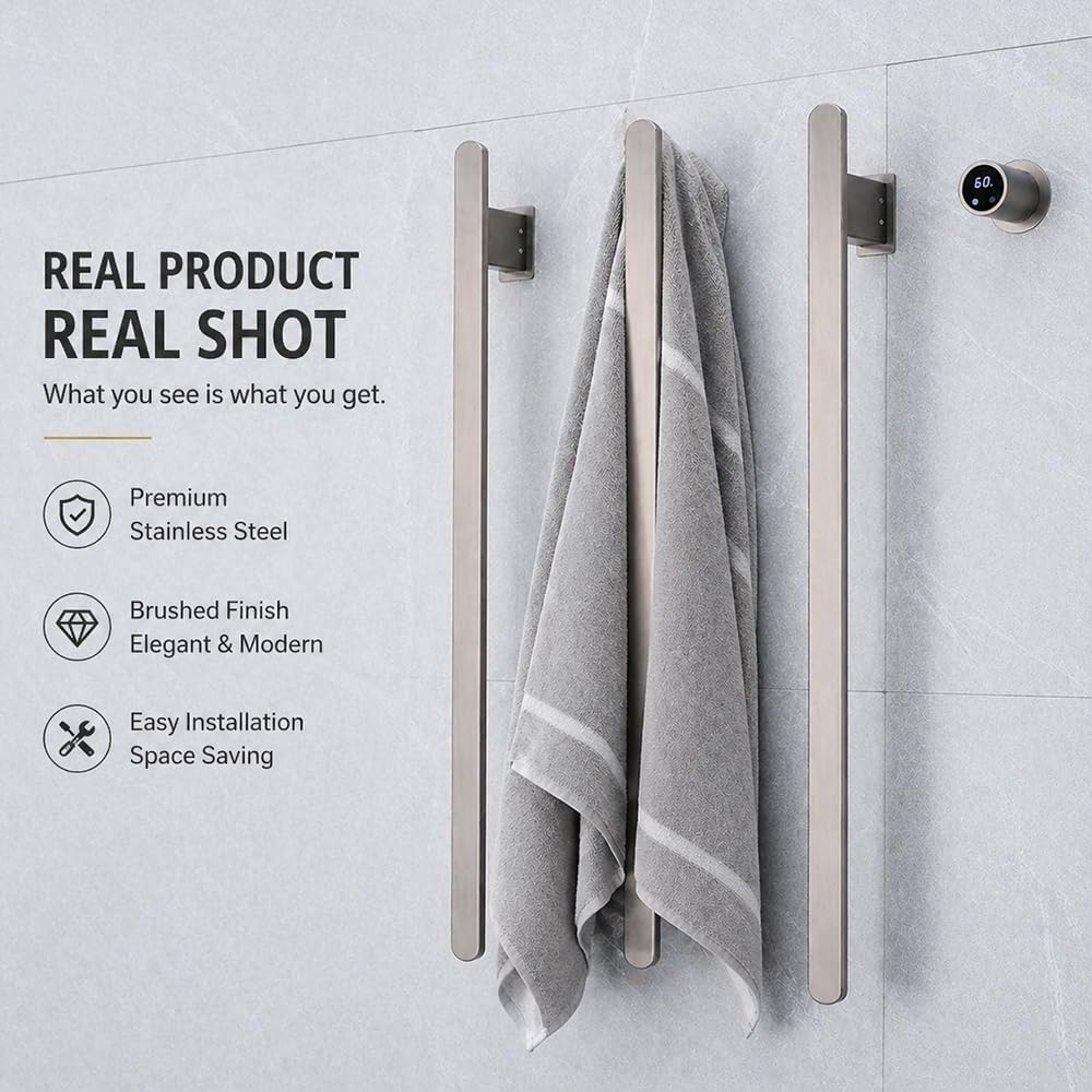Bathroom Heated Towel Rack, Brushed Gold Towel Warmer, 2Bars, 110V | Smart Touch Control, Wall Mounted, Concealed Hardwired, Stainless Steel, Dry Towels in Modern Bathrooms, Space-Saving Design