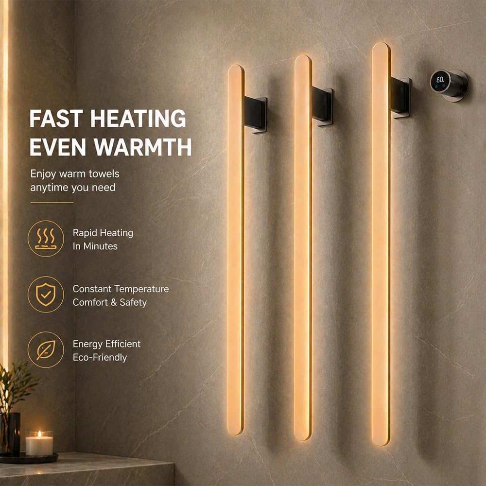 Bathroom Heated Towel Rack, Brushed Gold Towel Warmer, 2Bars, 110V | Smart Touch Control, Wall Mounted, Concealed Hardwired, Stainless Steel, Dry Towels in Modern Bathrooms, Space-Saving Design