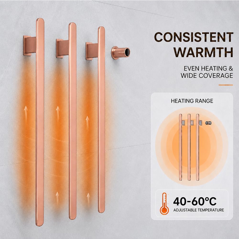 Bathroom Heated Towel Rack, Brushed Gold Towel Warmer, 2Bars, 110V | Smart Touch Control, Wall Mounted, Concealed Hardwired, Stainless Steel, Dry Towels in Modern Bathrooms, Space-Saving Design