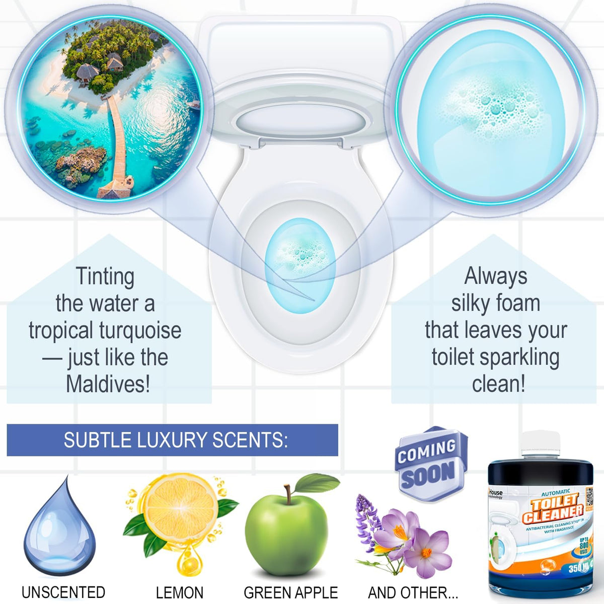 eHouse Refill bottle for Automatic Toilet Bowl Cleaner with antibacterial and cleaning properties, rich foam, and a pleasant Lemon fragrance (bottle only, no device included).