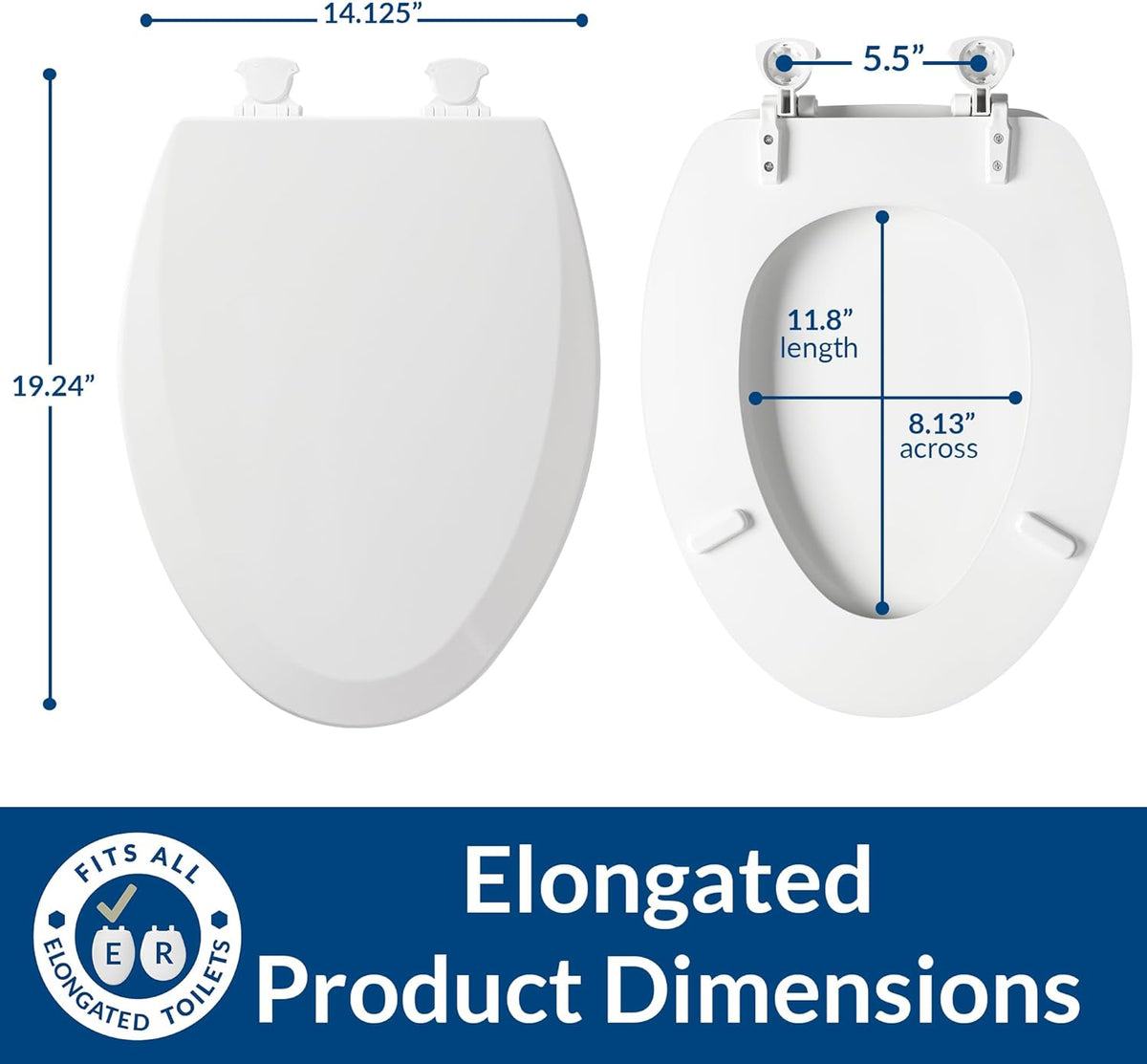 Slow Close Elongated Toilet Seat, Easy Clean Hinges, White | Soft close lid never slams, quick-release hinges for deep cleaning, durable plastic, fits all elongated toilets, 7300SLEC