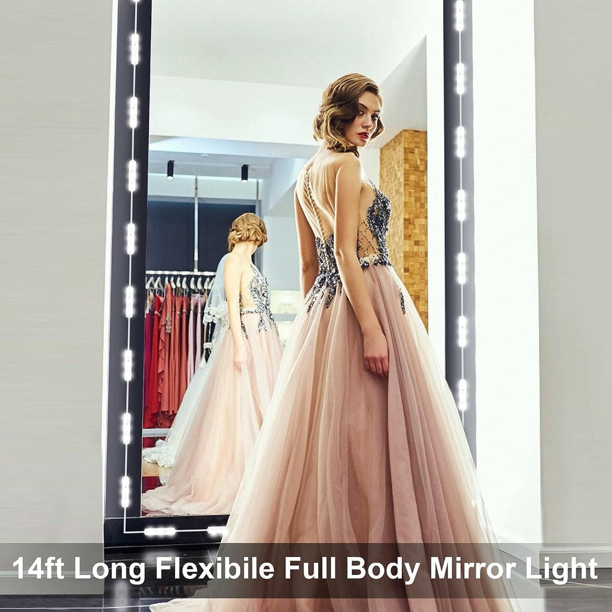 Hollywood Glam Led Vanity Lights Kit, 14ft Dimmable Mirror Lights, Full Body & Bathroom Lighting, Plug in Floor Light with Power Supply (Mirror not Inlcuded)