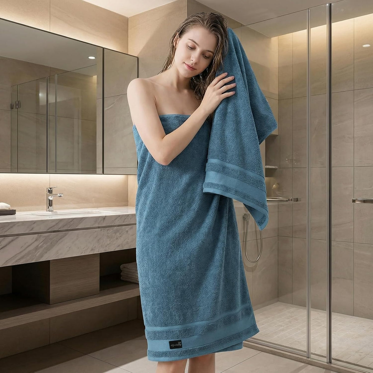 REDKISS Large Bath Towels, 100% Cotton, 31x63 in,Heavyweight 760G, Highly Absorbent & Quick Dry, Super Soft Luxury Shower Towels for Bathroom,Hotel Collection - Blue
