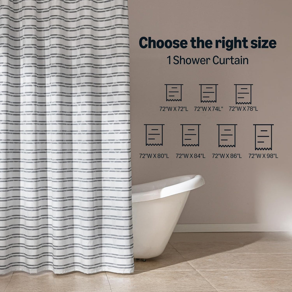 Geometric Jacquard Fabric Shower Curtain for Bathroom, Lightweight, Water Repellent and Washable, 72" W x 72" L, Grey Striped