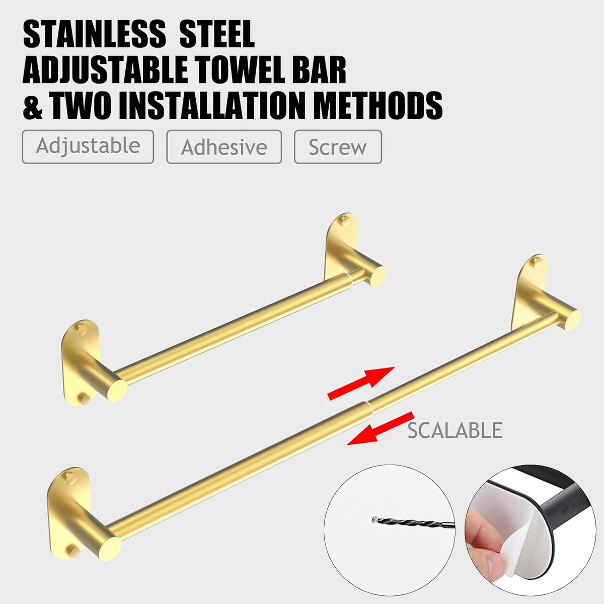 Towel Bar, Adhesive or Drill Wall Mount, Matte Black, 1 Pack