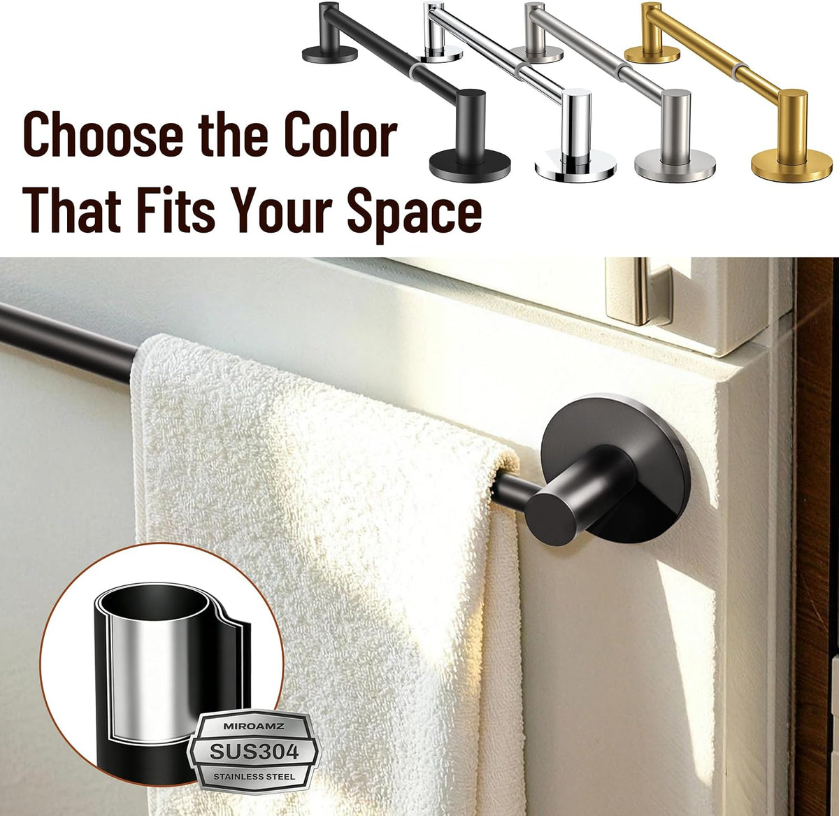 Towel Bar, Adhesive or Drill Wall Mount, Matte Black, 1 Pack