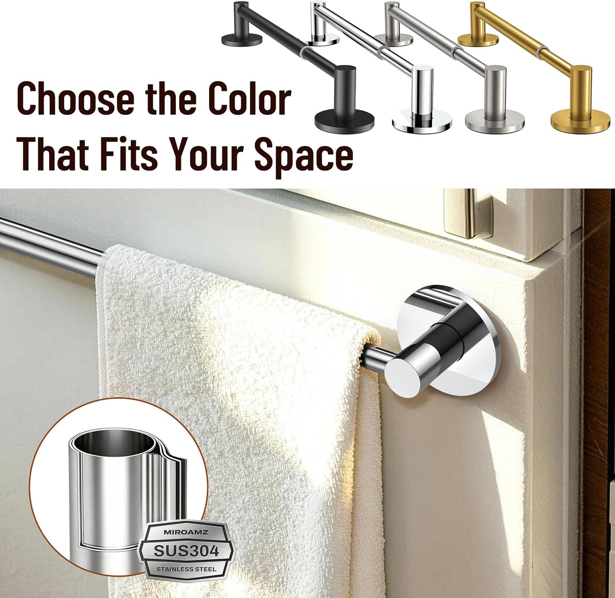 Towel Bar, Adhesive or Drill Wall Mount, Matte Black, 1 Pack