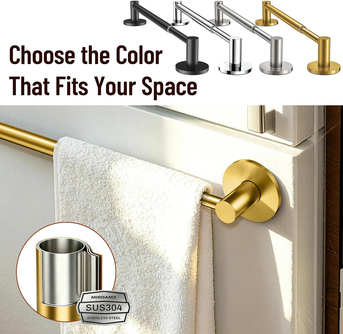 Towel Bar, Adhesive or Drill Wall Mount, Matte Black, 1 Pack