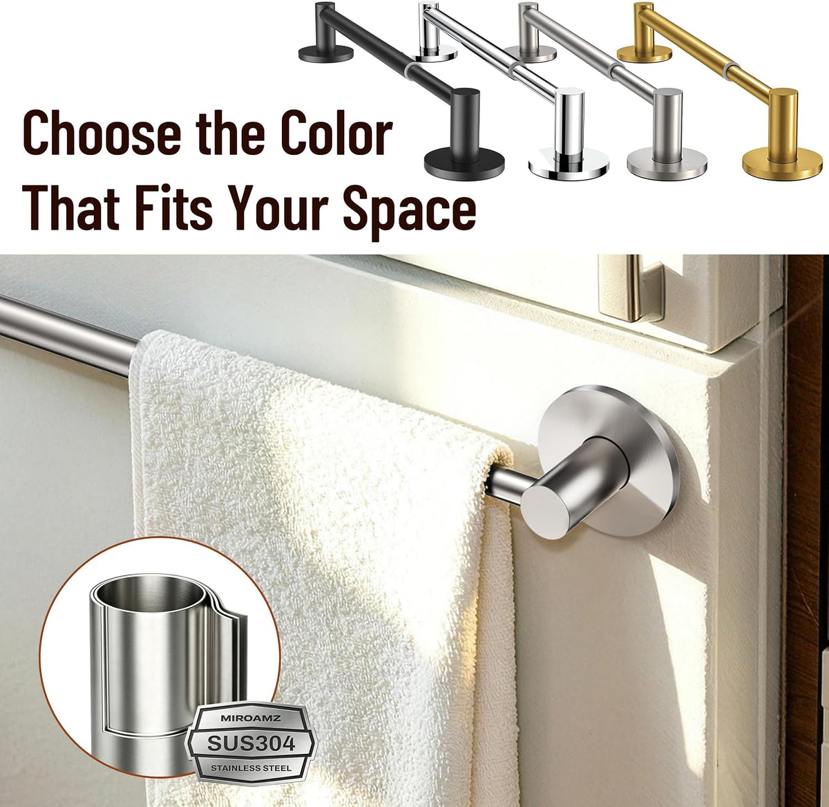 Towel Bar, Adhesive or Drill Wall Mount, Matte Black, 1 Pack