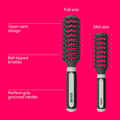 Hair Brush Set, Grip & Lift Vent, Full-Size & Mid-Size, Black