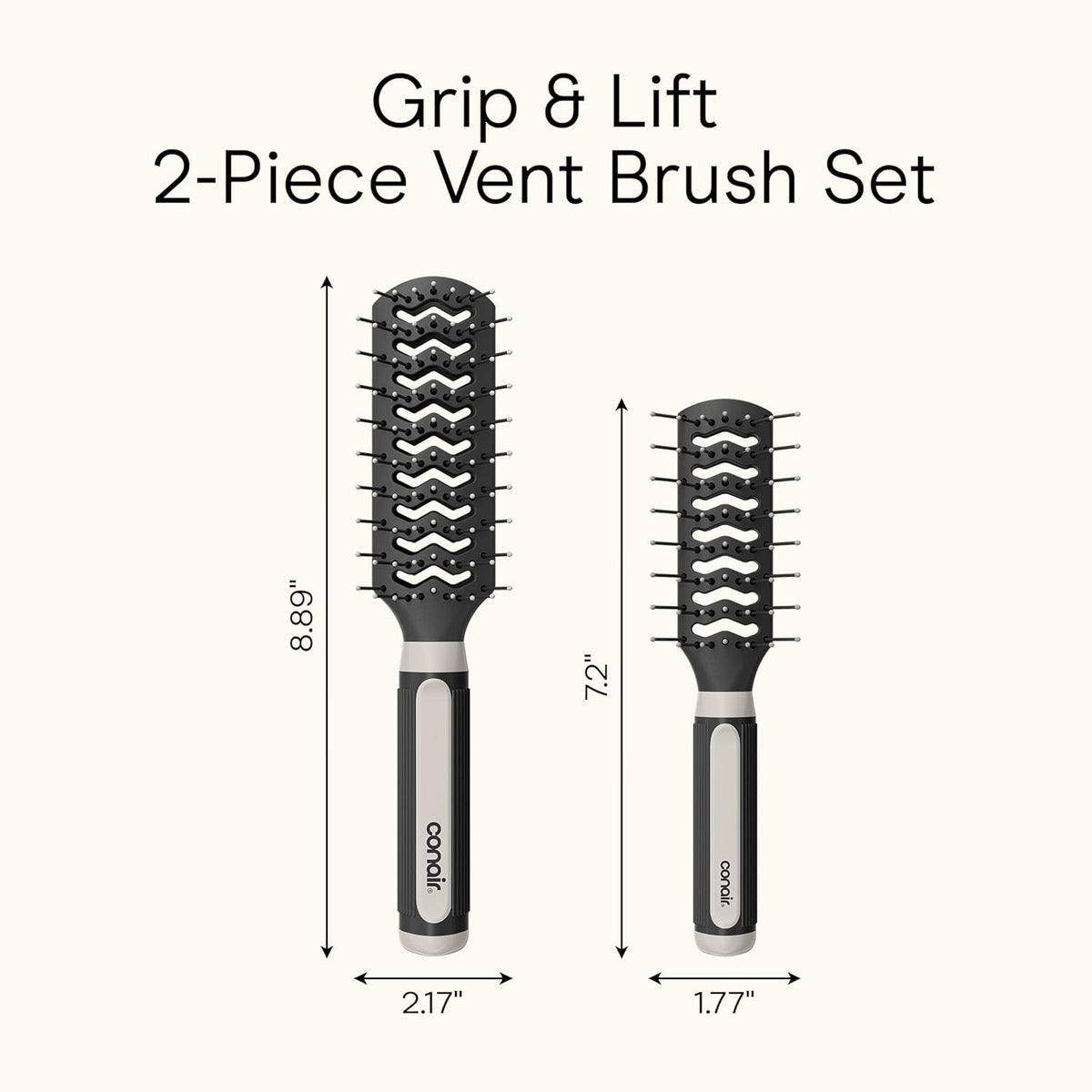 Hair Brush Set, Grip & Lift Vent, Full-Size & Mid-Size, Black
