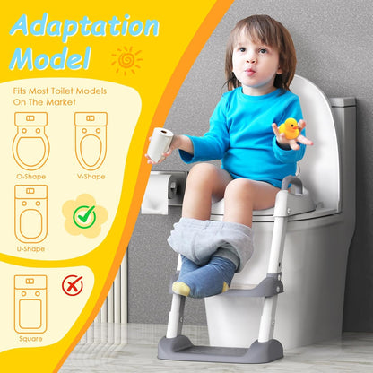 Potty Training Seat with Step Stool Ladder & Safety Handles,Grey