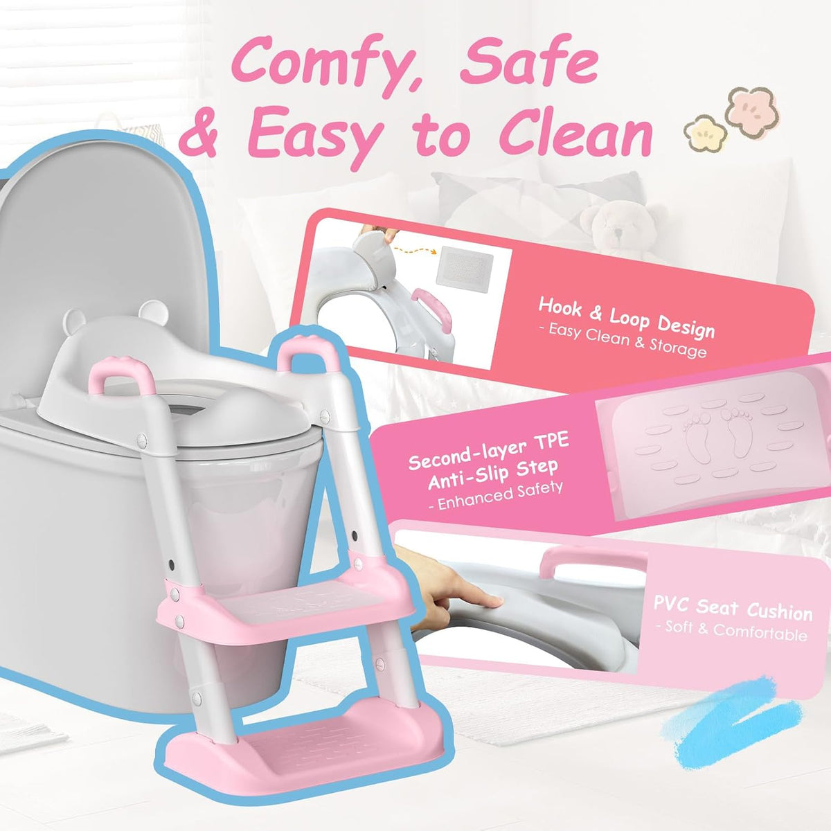 Potty Training Seat with Step Stool Ladder & Safety Handles,Grey