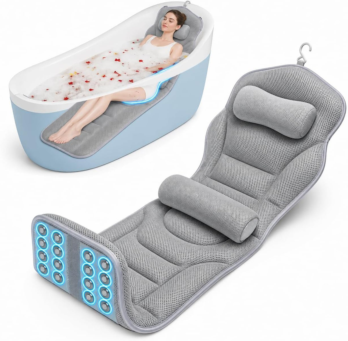 Full Body Bathtub Pillow with Lumbar Support, 5D Air Mesh Bathtub Cushion for Soaking Tub, 168 Suction Cups Full Bath Pillow for Post-Yoga Spa, Deep Relaxation & Romantic Baths