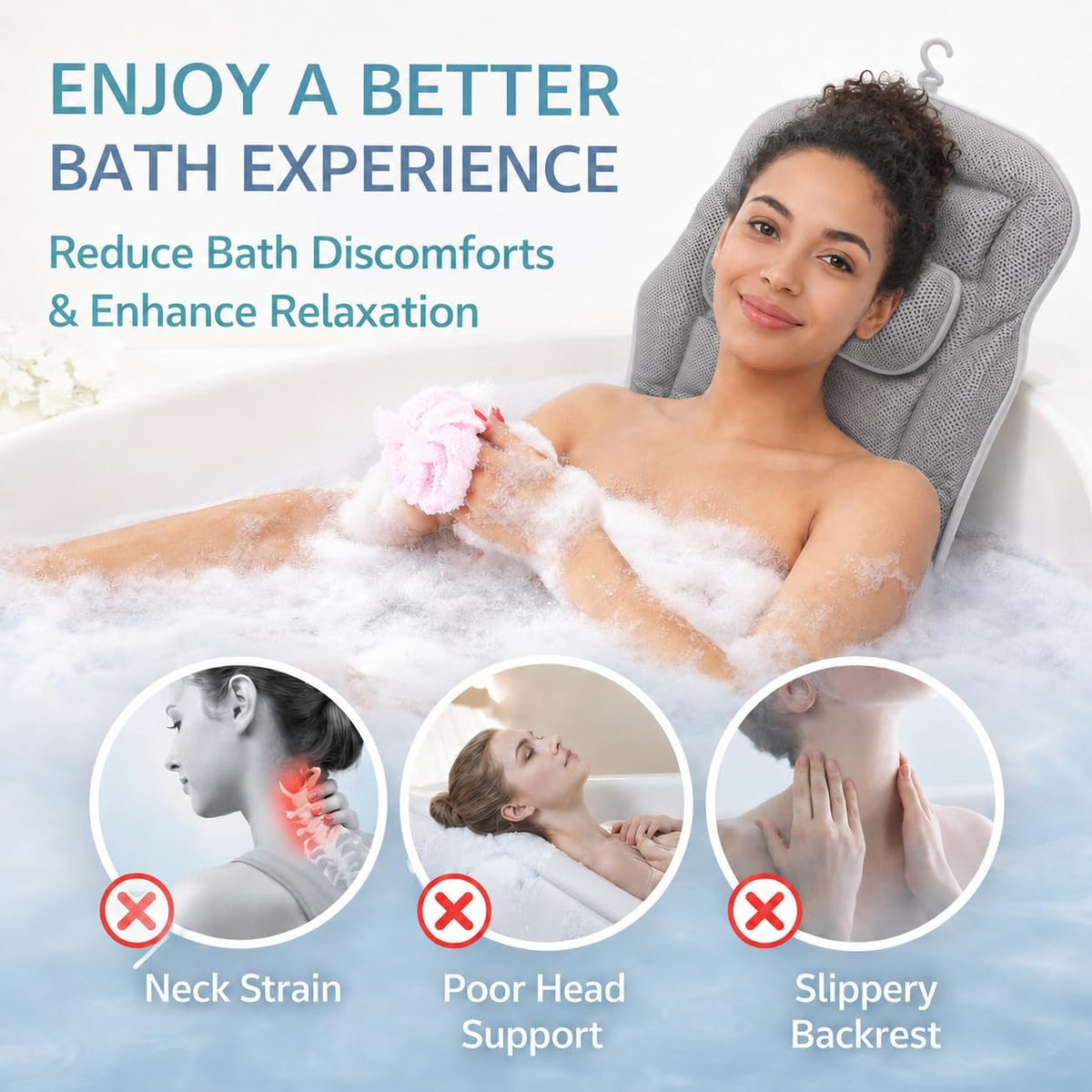 Full Body Bathtub Pillow with Lumbar Support, 5D Air Mesh Bathtub Cushion for Soaking Tub, 168 Suction Cups Full Bath Pillow for Post-Yoga Spa, Deep Relaxation & Romantic Baths